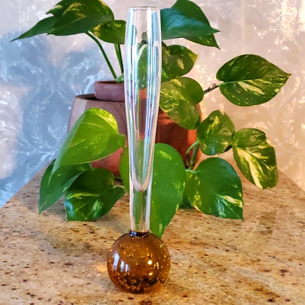 Vintage Amber glass controlled bubble bud vase